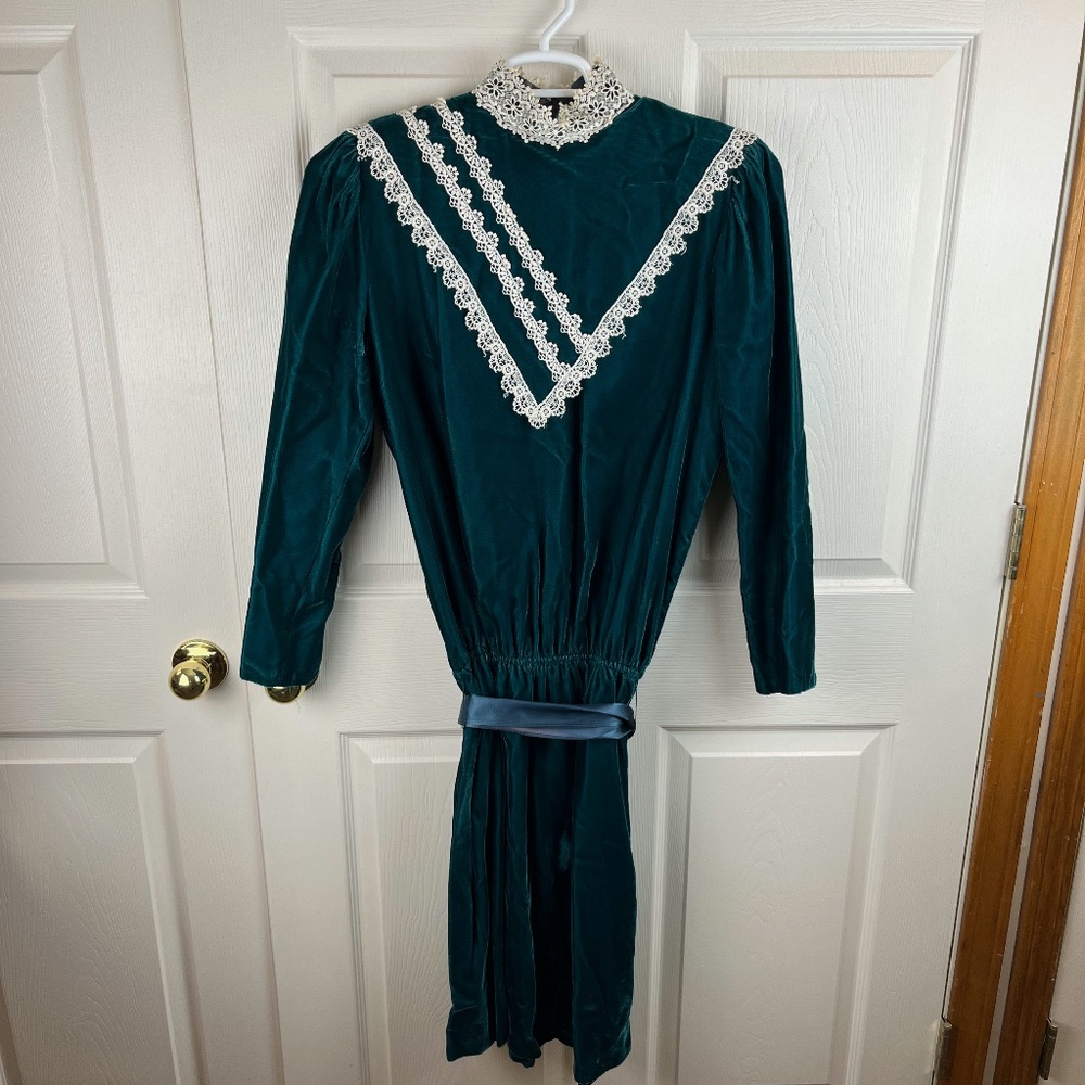 Vintage Gunne Sax Jessica Mcclintock Green Dress White Lace Medium/Large